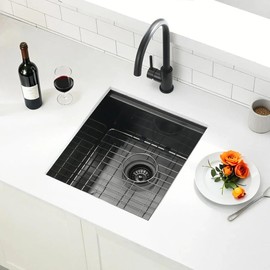 KINGO HOME Black Undermount Bar Sink, 15x15 Inch Stainless Steel Small Workstation RV Sinks 16 Gauge Ledge Kitchen Gunmetal Black Single Bowl Kitchen Wet Bar Prep Sink with Accessories