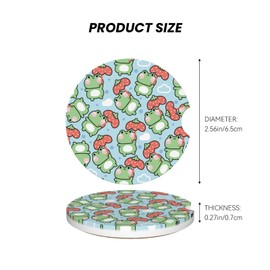 Car Coaster for Cup Holders,Kawaii Frog Coaster 2PCS Absorbent Ceramic Durable Coaster for Drinks, Cute Car Assecories for Women Men, Universal Size 2.56" with Finger Notch & Cork Base
