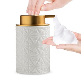 Elegant Foaming Soap Dispenser, Designed with Flower-Shaped Emboss, Ceramic Gold Hand Soap Dispenser for Bathroom (White)