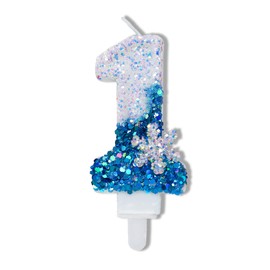 Blue Birthday Candles 1, Blue and White Glitter Birthday Number 1 Candles with Snowflake Party Supplies