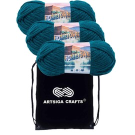 Lion Brand Hometown Peacock 135-175 (3-Skeins - Same Dye Lot) #6 S Bulky Acrylic Yarn for Crocheting and Knitting with Project Bag