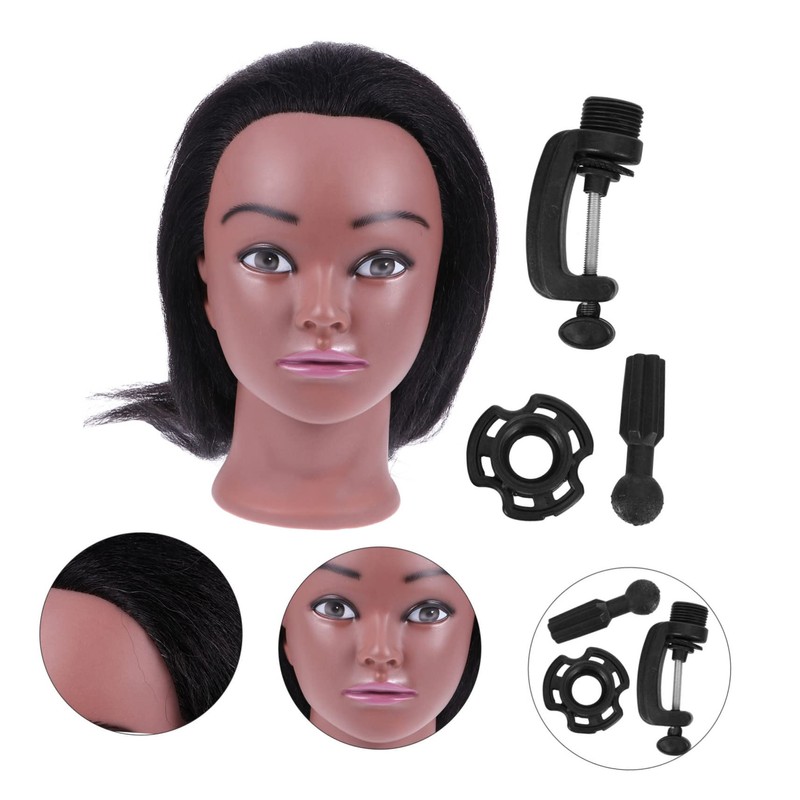 FOMIYES Hair Braiding Training Head with Real Hair Black Skin