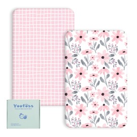 Yoofoss Travel Cot Sheets 95 x 65cm Fitted Cozy & Breathable Travel Cot Mattress Sheets Elasticated Travel Cot Fitted Sheet 2 Pack Pink Floral