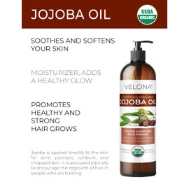 velona velona Organic Jojoba Oil 8 Fl Oz - 100% Pure, Unrefined Cold Pressed for Face, Hair, Body, Acne Prone Skin Care, Stretch Marks & Cuticles (With Pump)
