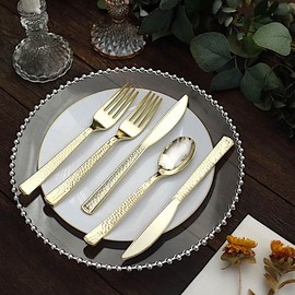24 Gold Metallic 7 in Disposable Plastic Cutlery Hammered Design Spoons Forks Knives Set Party Events Decorations Supplies