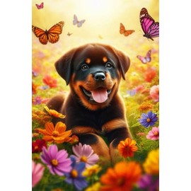 Rottweiler Puppy in a field of colorful flowers Notebook - Large 6 x 9 inches - 127 Pages