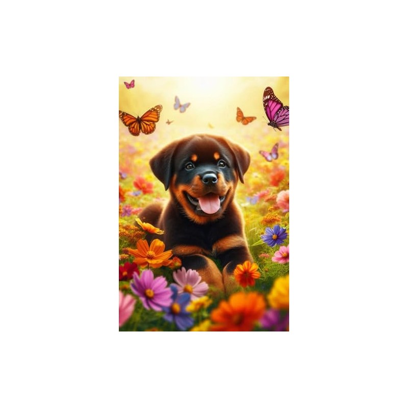 Rottweiler Puppy in a field of colorful flowers Notebook -