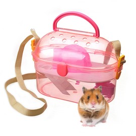kathson Portable Hamster Cage Dwarf Hamster Carry Case Syrian Hamster Carry Travel Cage with House Food Bowl Adjustable Strap Pet Outgoing Cage Carrier for Small Hamster Young Guinea Pig Pink