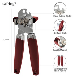 Safring Can Opener Manual with Magnet, Stainless Steel Handheld Heavy Duty Can Opener, Sharp Blade Smooth Edge, Comfortable Handle, Can Openers with Multifunctional Bottle Opener, Red