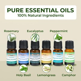 Thien an - Set of 6 Essential Oils Rosemary Camphor Lemongrass Peppermint Holy Basil Eucalyptus Scents with 6 Dropper Caps for Diffusers, Aromatherapy, Relax, Meditation (10ml)