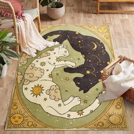Estmy Washable Mystical Cat Rug, Vintage Retro Abstract Celestial Zodiac 4x6 Area Rugs Carpet for Bedroom Living Room Dorm Entryway Kitchen, Thin Pile Bohemian Cute Animal Carpet