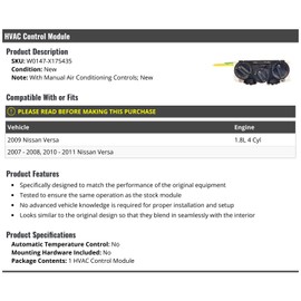 Marketplace Auto Parts HVAC Control Module - Compatible with 2007-2011 Nissan Versa 1.8L 4-Cylinder; Manual Operation; Knob Actuator; Push Button Switch