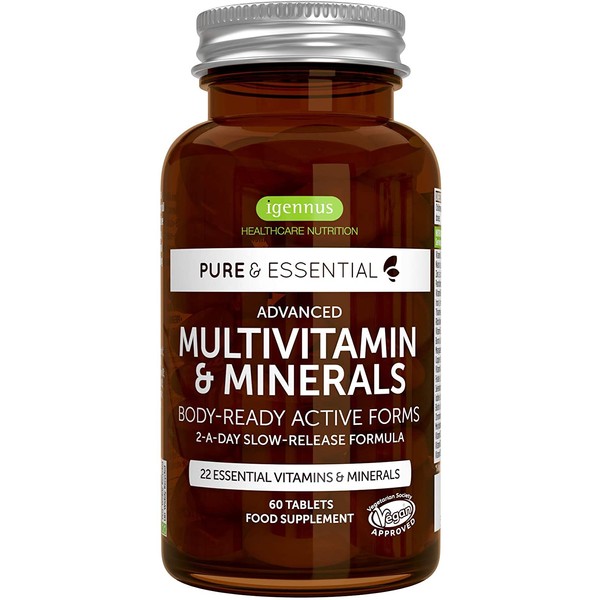 Pure & Essential Advanced Multivitamin & Minerals with Iron, Vitamin D3, Methylated Folate, K2 & Zinc, Timed Release, Vegan, 60 Tablets