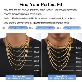 Jewlpire 14K Plated Gold Chain Necklace for Men, 4mm Rope Chain Gold Chain for Men Sturdy Men's Chain Necklaces, 18 Inch