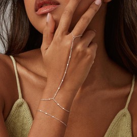 Risamil Silver Bracelets for Women Trendy, Hand Chain Stack Adjustable Layered Dainty Cute Bead Finger Ring Link Jewelry Gifts