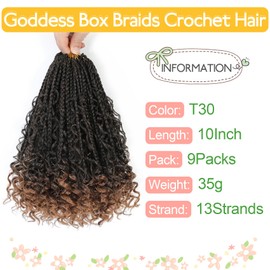 Fulcrum Goddess Box Braids Crochet Hair 10 Inch,9 Packs Boho Box Braid Crochet Hair for Women,Pre-looped Bohemian 3X Crochet Braiding Hair with Curly Ends(10Inch,T30#)