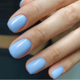 Ceboic False Nails Short, Square French Press on Nails, Light Blue Glossy Solid Color Full Cover Acrylic Fake Nails, Natural Removable Elegant Stick on Nails for Women and Girls Daily Party Wear 24Pcs