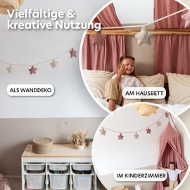 LILIMAUS Star Bunting Fabric [with Gold Appliqué in 12 Colours] Bunting Children's Room - 100% Cotton Handmade - Muslin Bunting - House Bed Decoration Girls & Boys - Decorative Baby Room