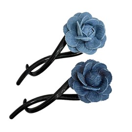 Flat Hair Clips with Flower for Women, Flat Hair Claw Clips for Thick Long Hair, Non-Slip Hair Barrettes with Flower for Women Flat Hair CLips with Hook Flat Hair Clips with Small Teeth, Denim Style