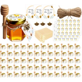 Adabocute Honey Pot, Mini Honey Jars with Wood Dipper, Gold Lid, Bee Pendants, Beige Gift Bags, Thanks for Beeing Here Tags, Mini Honey Jars for Baby Shower Favors Wedding Favors, 60 Pack