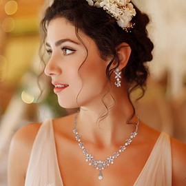 EVER FAITH Wedding Jewelry Set for Bridal White Marquise CZ Ivory Simulated Pearl V-Shaped Flower Bride Necklace Earrings Set