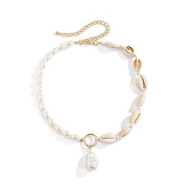 Azusa Sun Seashell Necklace Starfish Necklace Bohemian Beach Imitation Pearl Necklaces for Women Summer Layered Sequins Starfish Shell Beaded Choker Necklace Party Holiday Jewelry - A