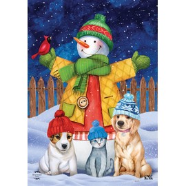 Snowman And Friends Winter House Flag Dogs Cats 28" x 40" Briarwood Lane