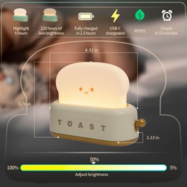 BANDIANCY BANDIANCY Cute Kids Night Light, Bedroom Decorative Toast Night Light, LED Dimmable Kindergarten Night Light with Timer, Rechargeable Nightstand Light (Yellow Toast)