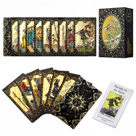 SUNHHX Tarot Cards, 78 Gold foil Tarot Cards Deck for Beginners and Professional Player with Box Tarot PVC Durable Waterproof Wrinkle Resistant (Black Gold)