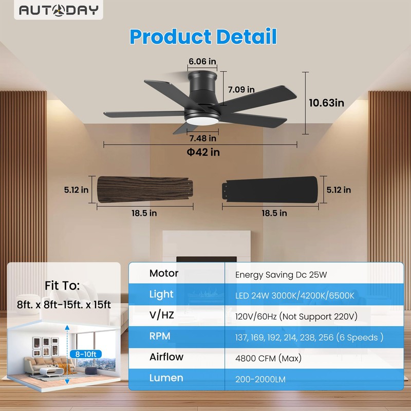Autoday Ceiling Fans with Lights, 42 Inch Low Profile Ceiling