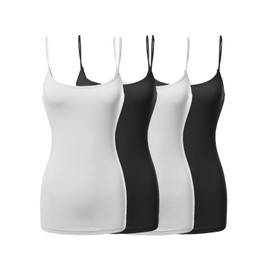Basic Solid Long Length Adjustable Spaghetti Strap Tank Top 4-Pack, 2Black/2White, Large
