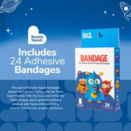 BioSwiss Bandages, Beastie Squad Shaped Self Adhesive Bandage Set, Latex Free, Sterile Wound Care, 24 Count