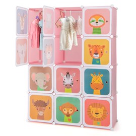 HONEY JOY Kids Wardrobe Closet, Baby Cartoon Clothes Storage Organizer, 12 Cubes & 2 Hanging Sections, Portable Children DIY Modular Bedroom Armoire Dresser Cabinet for Boys Girls (Pink)