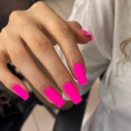 Matte Hot Pink Press On Nails Medium Long Square, Xcreando Medium Coffin Nails Acrylic Press ons Glue on Nails Long Length, Solid Color Fake Nail for Women, Natural Thick Artificial Nail Stick on