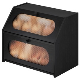 Vriccc Black Large Bread Box for Kitchen Counter, Large Bamboo Wood Double Layer Bread Box, Wooden Bread Storage Capacity