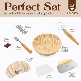ABIOTO Sourdough Tools and Supplies - A Complete Bread Making Kit with 9" Round Proofing Basket with Liner, Bread Lame, Danish Whisk, Dough and Bowl Scrapers - Perfect Sourdough Supplies for Bakers