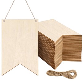50 Pack Unfinished Blank Wood Signs Wooden Blocks for Crafts with Hemp Rope Wood Cutouts Plaques Flag Ornament for DIY Crafts Painting Writing Wall Decorations
