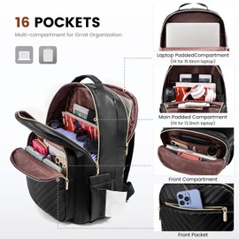 LOVEVOOK Laptop Backpack for Women, Faux PU Leather Quilted Backpack Purse, Business Computer Travel Work Bags, Nurse Backpack for Work, Fits 17-Inch Laptop, Black