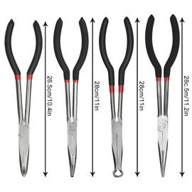4 Pack Long Needle Nose Pliers Set, 11 inch Long Reach Pliers, Straight Long Needle Nose Pliers, 45 & 90 Degree Angle Curved Needle Nose Pliers,Spark Plug Removal Tool