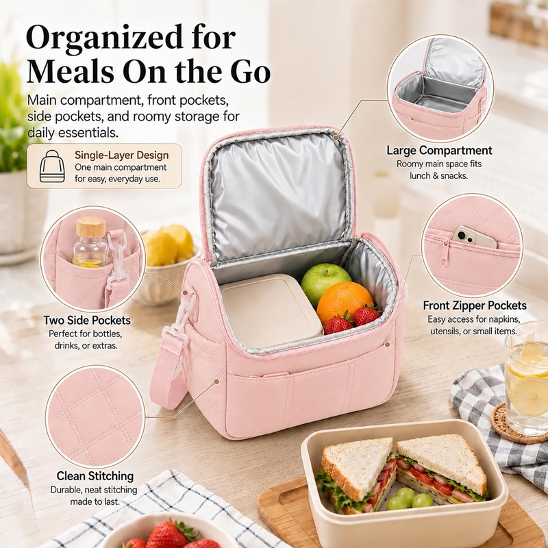 Lunch Bag for Women Insulated Pink Lunch Box Quilted Puffer