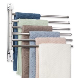JSVER Towel Rail Stainless Steel 180° Rotation Bath Towel Holder with 6 Arms Swivel Arm Towel Rail Wall Mounted with Hooks Bathroom Towel Holders for Bathroom, Kitchen and Wardrobe