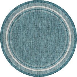 Unique Loom Outdoor Border Collection Area Rug - Soft Border (7' 10" Round, Teal/ Ivory)