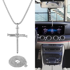 QZTYTY 2PCS Cross Necklace for Men, Rear View Mirror Hanging Accessories, Hanging Cross Car Rearview Mirror Hanging Chain with 3 Nail, Car Mirrors Stainless Steel Religious Cross Decoration (Silver)