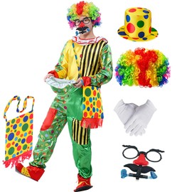 Adult Clown Costume Suit with Circus Wig Bag Hat Gloves Glasses Holloween Cosplay Costumes Outfit Party Dress up Set (Green Vertical Stripe)
