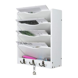 PAG 5-Tier Wall File Holder Hanging Mail Organizer Wood Magazine Literature Rack with 6 Hooks, White