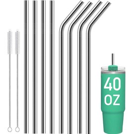 Stainless Steel Straw & Cleaning Brush Set, 5/10pcs/set  Reusable Extra Long Metal Straw & Brush Set, Bar Utensils for Home Kitchen Party - Colour: Silver, Specification: 10 Counts(8 Straws+2 Brushes)