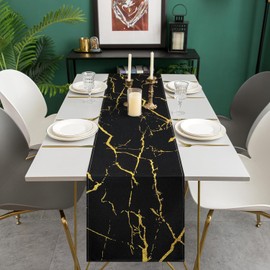 Spring Table Runner Modern Table Runner Linen Summer 33 x 183 cm Black Marble Golden Texture Abstract Art Tablecloth for Dining Table Party Wedding Easter Living Room