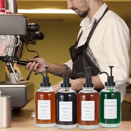 Coffee Syrup Dispenser Black 4 Pack Coffee Bar Accessories - Coffee Syrup Dispenser for Coffee Bar & Station Glass Coffee Syrup Bottles with Labels and Pump,16.9 oz 500 ml,Set of 4(Black)