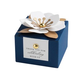 FEIYI 20 PCS Candy Boxes, 3 In 1 Navy Blue Favor Boxes with Floral Decor, White Thank You Tags Gift wrapping for Wedding Birthday Baby Shower Decorations Party -2.55x2.55x1.77''