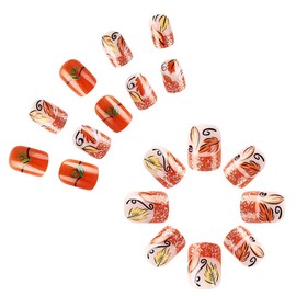 24Pcs Thanksgiving Press on Nails Short Sliver French Tip Fake Nails with Maple Leaf Design Cute Pumpkin Autumn Maple Leaves Acrylic Nails for Women DIY Manicure Tip Thanksgiving Nail Decorations